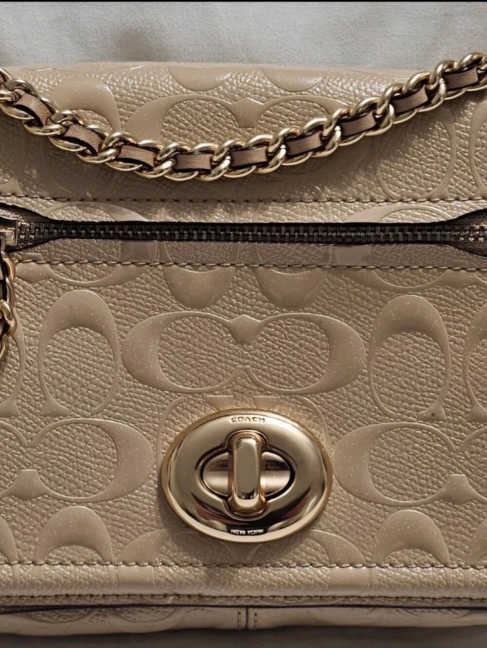 Coach Metallic Champagne Turnlock Shoulder Bag with Chain Strap